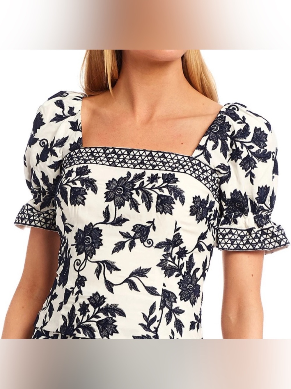 Antonio Melani Navy Blue White Woven Tatiana Floral Puff Sleeve Top Size 0 NWT!